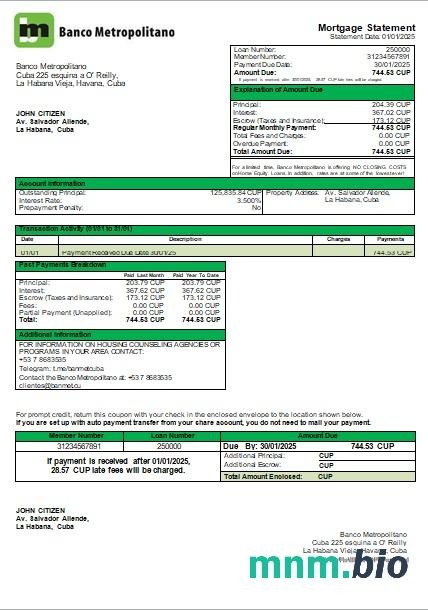 Kuba Bank Metropolitano wyciąg z kredytu hipotecznego szablon Word i PDF